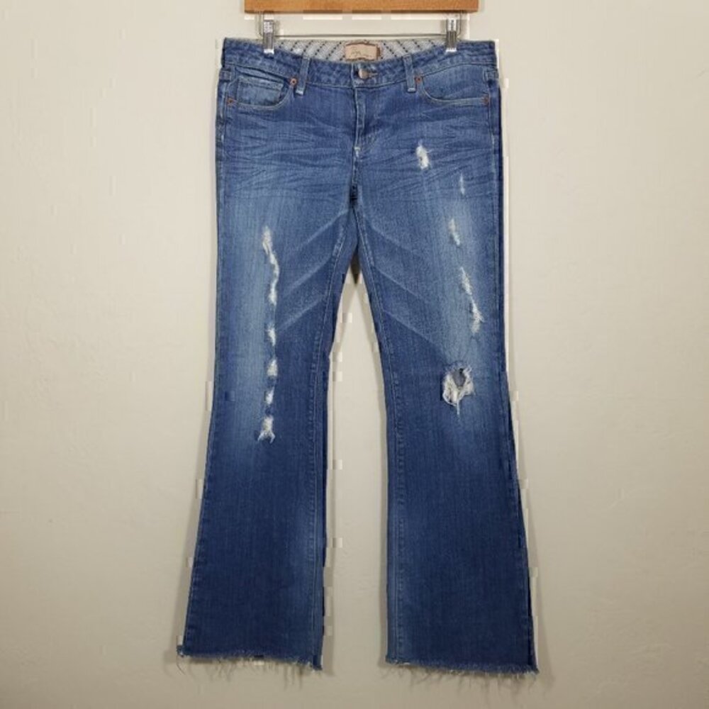 PAIGE Premium Denim Canyon Jeans Distressed Blue Raw Hem Size 30